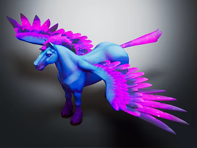 Colorful Vibrant Mythical Pegasus With Blue Body And Purple Pink Feathered Wings 3d model