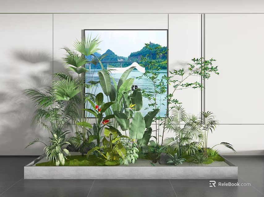 Indoor Plant Combination with Mixed Greenery in Concrete Planter Against White Wall and Landscape Painting 3d model 