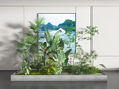 Indoor Plant Combination with Mixed Greenery in Concrete Planter Against White Wall and Landscape Painting 3d model