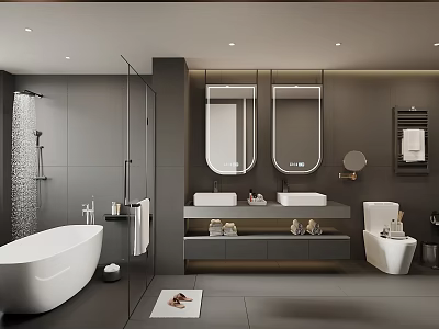 Modern Minimalist Luxury Bathroom With Double Vanities Freestanding Bathtub And Stylish LED Illuminated Mirrors 3d model