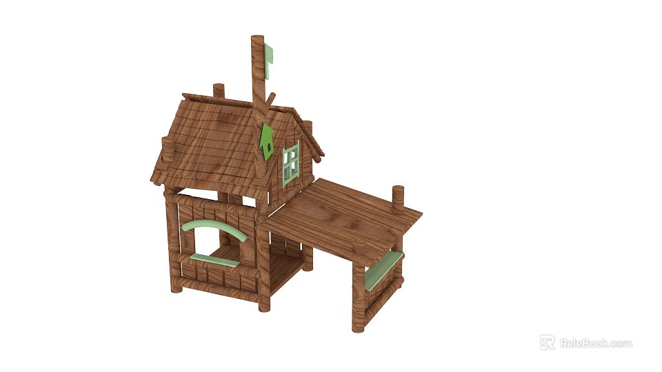 Wooden House With Sloped Roof Small Windows Green Accents And Porch 3d model 