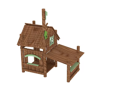 Wooden House With Sloped Roof Small Windows Green Accents And Porch 3d model