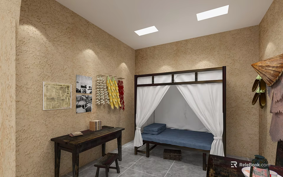 Traditional Room Interior With Vintage Map Black and White Photos Dried Chili Peppers Wooden Bed 3d model 