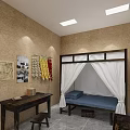 Traditional Room Interior With Vintage Map Black and White Photos Dried Chili Peppers Wooden Bed