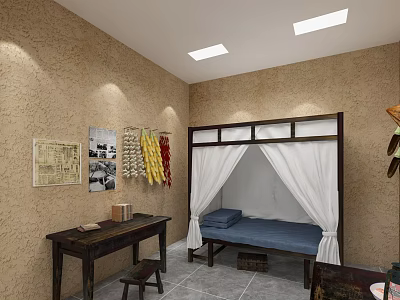 Traditional Room Interior With Vintage Map Black and White Photos Dried Chili Peppers Wooden Bed 3d model