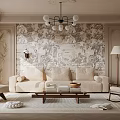 French Cream Style Living Room Multi-person Fabric Sofa Casual Single Chair Coffee Table Combination Chandelier 3d model
