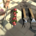 Grill Tools And Skewered Kebab With Fresh Herbs On Tiled Surface