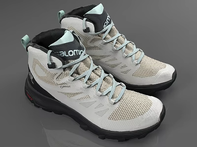 Salomon Beige High Top Outdoor Shoes With Light Blue Laces Mesh Upper And Black Sole 3d model