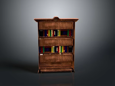 Wooden Bookshelf With Multiple Shelves Holding Colorful Books And Classic Design 3d model
