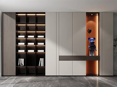 Modern Bookcase With Layered Shelves Built in Lighting And Decorative Figurine 3d model