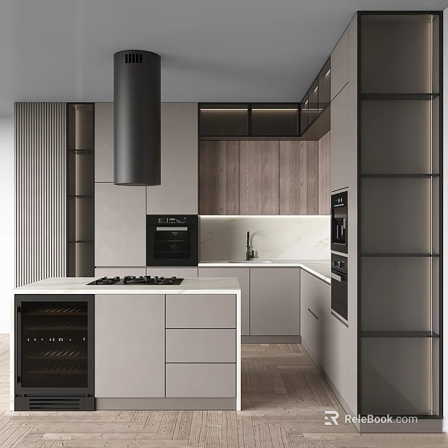 Modern Kitchen Interior Featuring Stylish Cabinets And Island Countertop With Appliances 3d model 