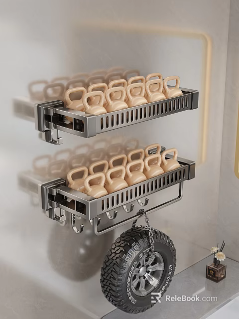 Wall Mounted Metal Racks With Beige Kettlebells And Hanging Hooks 3d model 