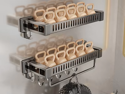 Wall Mounted Metal Racks With Beige Kettlebells And Hanging Hooks 3d model