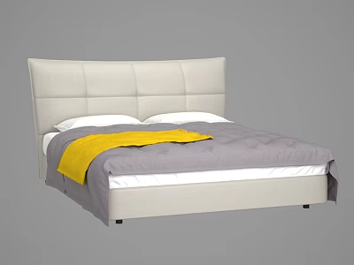 Double Bed With Beige Upholstered Headboard Padded Design Gray Comforter Yellow Throw And White Pillows 3d model
