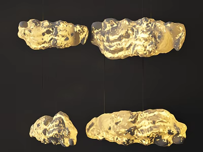 Four Irregularly Shaped Gold And Black Textured Pendant Lights Hanging Against Black Background 3d model