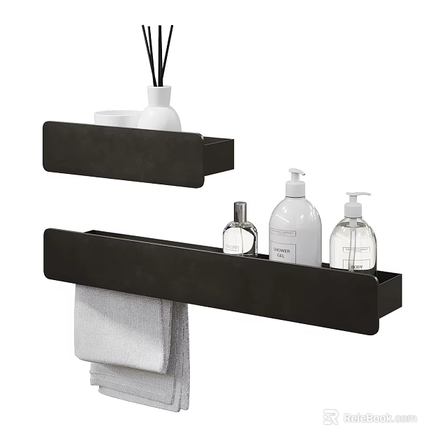 Modern Bathroom Storage Shelves With Black Wall Mounted Design For Toiletries And Hanging Towel 3d model 