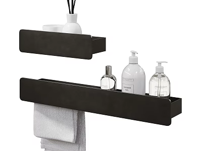 Modern Bathroom Storage Shelves With Black Wall Mounted Design For Toiletries And Hanging Towel 3d model