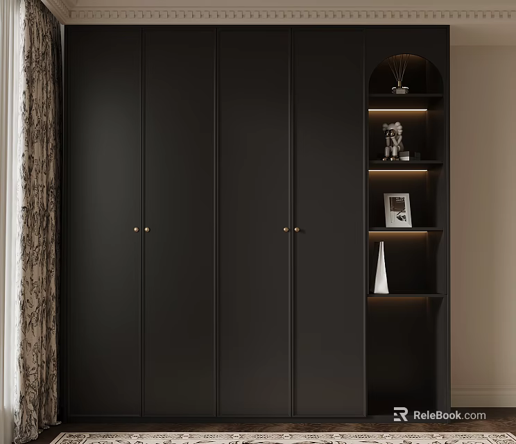 Modern Dark Wardrobe Interior With Open Shelving And Decorative Items 3d model