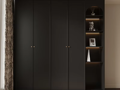 Modern Dark Wardrobe Interior With Open Shelving And Decorative Items 3d model