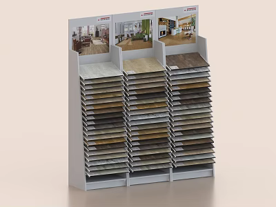 Wooden Flooring Samples Display Rack Featuring Various Styles Colors And Interior Scenes 3d model