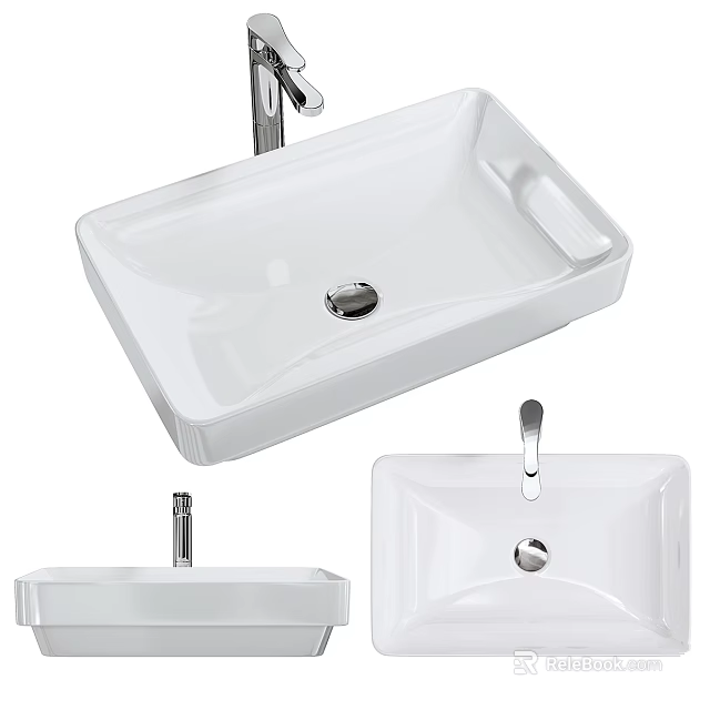 Modern White Ceramic Wash Basin with Square Shape Countertop Mounted Design 3d model