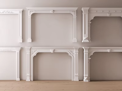 White Door Arches With Various Carved Designs Against Light Wall And Wooden Floor 3d model