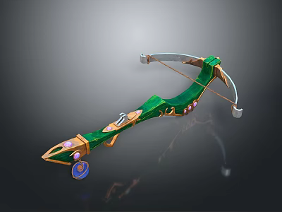 Green Ornate Bow Weapon Featuring Intricate Decorative Designs And Gold Accent Details 3d model