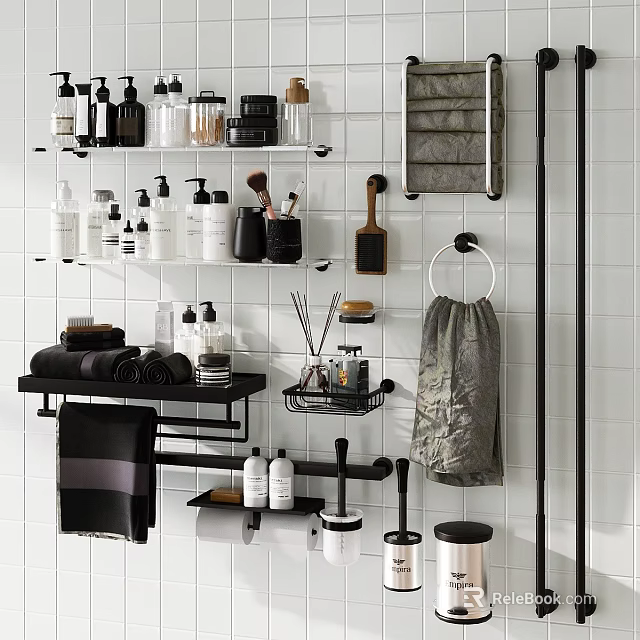 Organized Bathroom Accessories On White Tile Wall With Shelves And Towels 3d model 