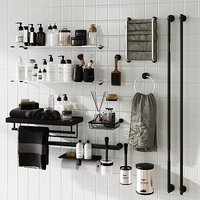 Organized Bathroom Accessories On White Tile Wall With Shelves And Towels 3d model