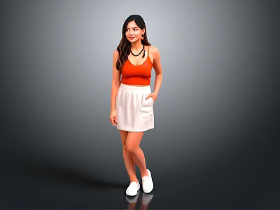 Woman in Orange Tank Top White Skirt and White Shoes Standing Against Gray Background 3d model