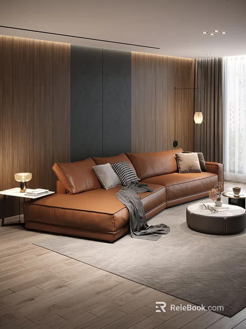 Modern Leather Sectional Sofa In Living Room With Throw Pillows And Blanket 3d model 
