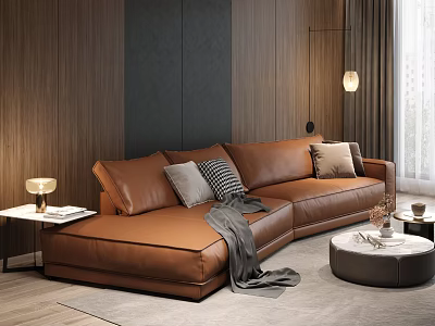 Modern Leather Sectional Sofa In Living Room With Throw Pillows And Blanket 3d model