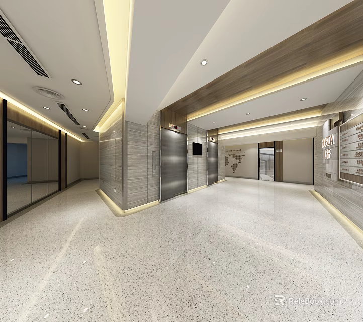 Modern Elevator Hallway With Marble Floor Metal Doors Wall Decor And Lighting 3d model