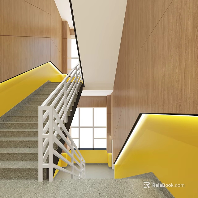 Modern Elevator Hallway Interior With Wooden Walls Yellow Accent Lighting And White Railings 3d model 