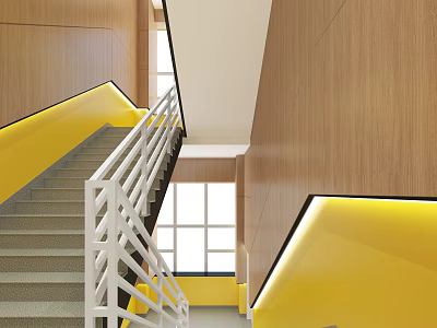 Modern Elevator Hallway Interior With Wooden Walls Yellow Accent Lighting And White Railings 3d model