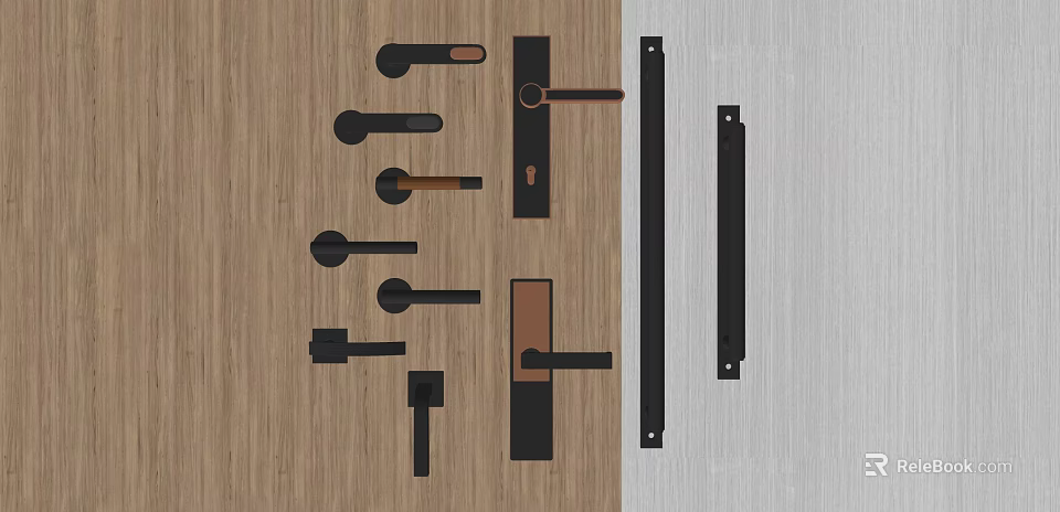 Different Modern Door Handles With Various Designs And Materials On Wooden Background 3d model 
