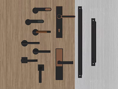 Different Modern Door Handles With Various Designs And Materials On Wooden Background 3d model