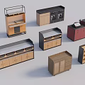 Assorted Modern Kitchen Storage Cabinets With Wooden Drawers Shelves And Metal Frames