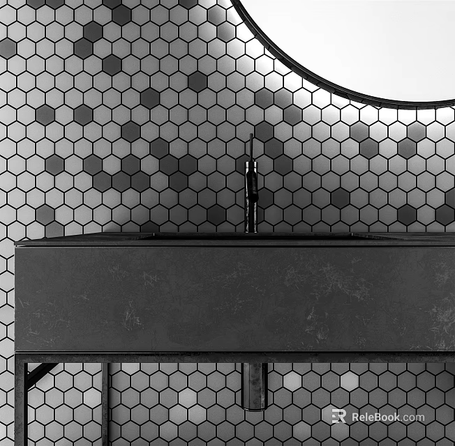 Modern Bathroom Vanity Interior with Hexagonal Tile Wall and Round Mirror 3d model 