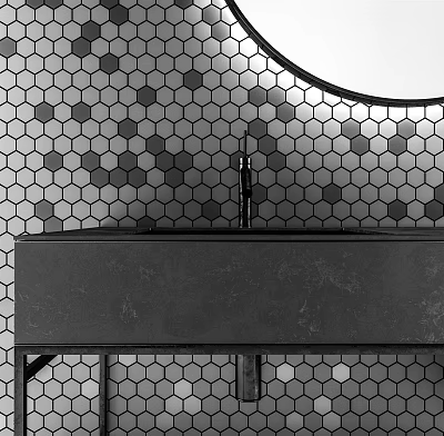 Modern Bathroom Vanity Interior with Hexagonal Tile Wall and Round Mirror 3d model