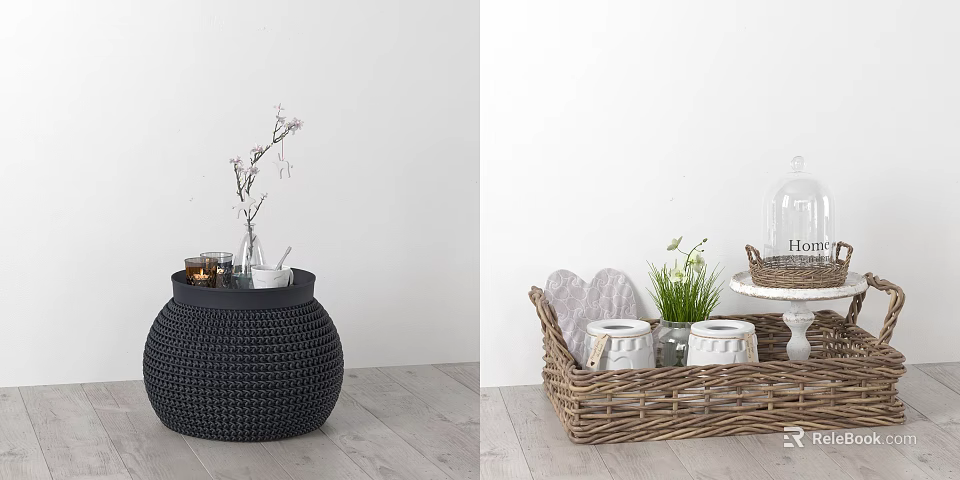Elegant Decorative Ornament Combination With Wicker Basket Vase Candle And Small Plant 3d model 