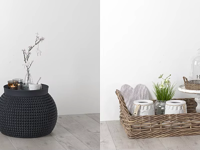 Elegant Decorative Ornament Combination With Wicker Basket Vase Candle And Small Plant 3d model