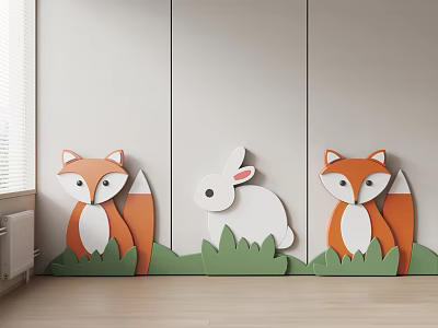 Cute Animal Shaped Wall Decor With Orange Foxes White Rabbit And Green Grass 3d model