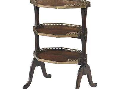 Three Tiered Wooden Corner Shelf Unit With Brass Accents And Vintage Curved Legs Design 3d model