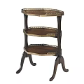 Three Tiered Wooden Corner Shelf Unit With Brass Accents And Vintage Curved Legs Design
