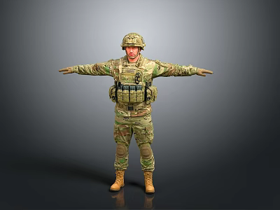 Military Soldier In Camouflage Uniform With Helmet And Tactical Vest Arms Outstretched 3d model