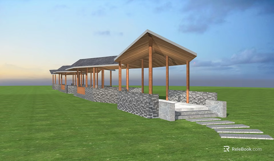 Long Pavilion With Sloped Roof Wooden Pillars Stone Walls And Steps On Green Grass 3d model 