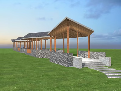 Long Pavilion With Sloped Roof Wooden Pillars Stone Walls And Steps On Green Grass 3d model