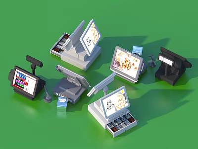 Practical Multiple Cash Registers With Digital Displays Barcode Scanners And Receipt Printers 3d model