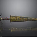 3D Rendered Mythical Sword With Ornate Golden Blade And Purple Red Hilt Accents